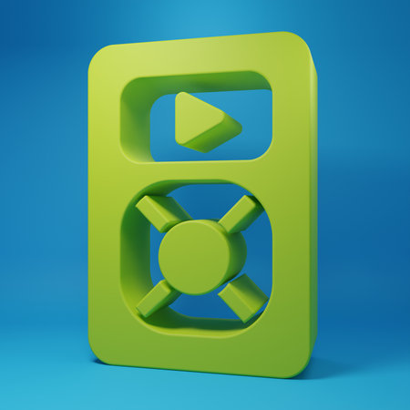 Green Music player icon isolated on blue background. Portable music device. Minimalism concept. 3D render illustration.の写真素材