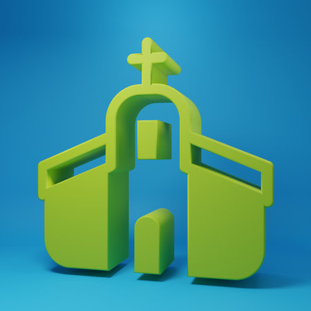 Green Church building icon isolated on blue background. Christian Church. Religion of church. Minimalism concept. 3D render illustration.の写真素材