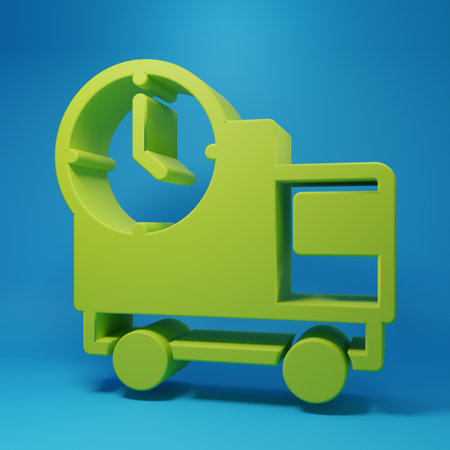 Green Logistics delivery truck and time icon isolated on blue background. Delivery time icon. Minimalism concept. 3D render illustration.の写真素材