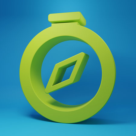 Green Compass icon isolated on blue background. Windrose navigation symbol. Wind rose sign. Minimalism concept. 3D render illustration.の写真素材