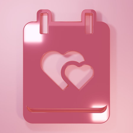 Pink Calendar with heart icon isolated on pink background. Valentines day. Love symbol. February 14. Minimalism concept. 3D render illustration.の写真素材