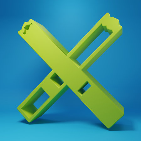 Green Cigarette icon isolated on blue background. Tobacco sign. Smoking symbol. Minimalism concept. 3D render illustration.の写真素材