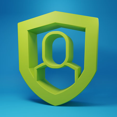 Green User protection icon isolated on blue background. Secure user login, password protected, personal data protection, authentication. Minimalism concept. 3D render illustration.の写真素材