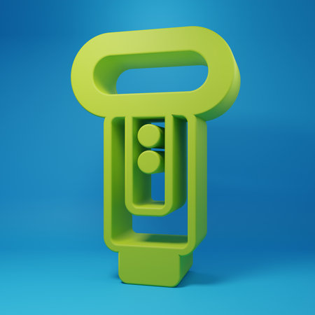 Green Photo camera icon isolated on blue background. Foto camera. Digital photography. Minimalism concept. 3D render illustration.の写真素材