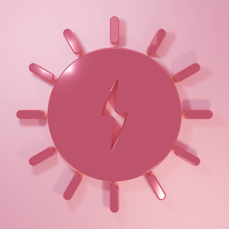 Pink Solar energy panel icon isolated on pink background. Sun with lightning symbol. Minimalism concept. 3D render illustration.の写真素材