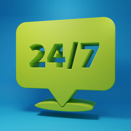 Green Clock 24 hours icon isolated on blue background. All day cyclic icon. 24 hours service symbol....