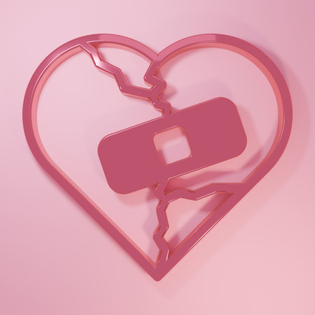 Pink Healed broken heart or divorce icon isolated on pink background. Shattered and patched heart. Love symbol. Valentines day. Minimalism concept. 3D render illustration.の写真素材
