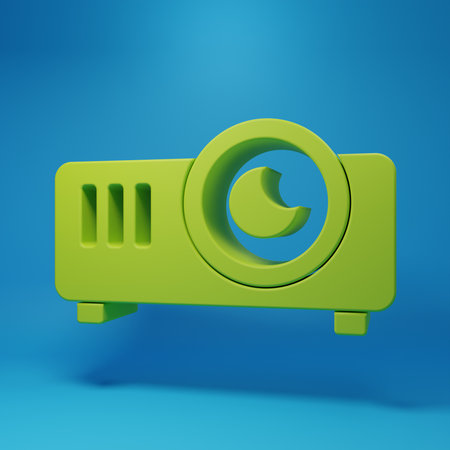 Green Presentation, movie, film, media projector icon isolated on blue background. Minimalism concept. 3D render illustration.の写真素材