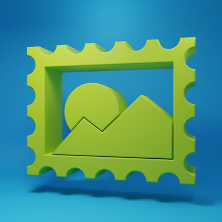 Green Postal stamp icon isolated on blue background. Minimalism concept. 3D render illustration.の写真素材