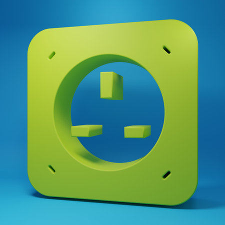 Green Electrical outlet icon isolated on blue background. Power socket Rosette symbol. Minimalism concept. 3D render illustration.の写真素材