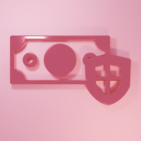 Pink Money with shield icon isolated on pink background. Insurance concept. Security, safety, protection, protect concept. Minimalism concept. 3D render illustration.の写真素材