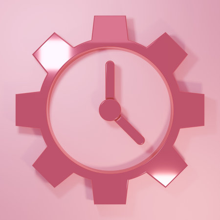 Pink Time Management icon isolated on pink background. Clock and gear sign. Productivity symbol....