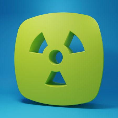 Green Molecule icon isolated on blue background. Structure of molecules in chemistry, science teachers innovative educational poster. Minimalism concept. 3D render illustration.の写真素材