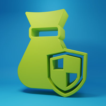 Green Money bag with shield icon isolated on blue background. Insurance concept. Security, safety, protection, protect concept. Minimalism concept. 3D render illustration.の写真素材