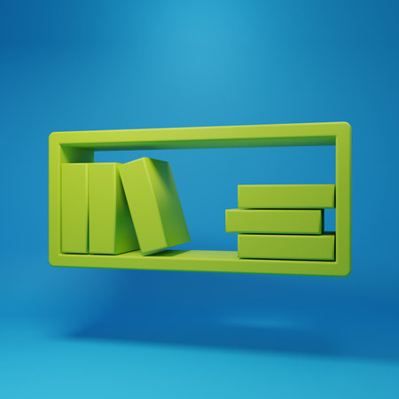 Green Shelf with books icon isolated on blue background. Shelves sign. Minimalism concept. 3D render illustration.の写真素材