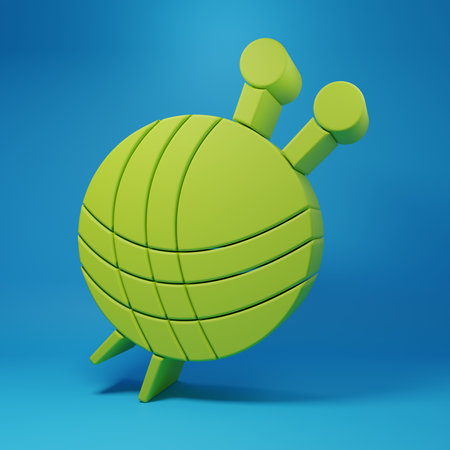 Green Yarn ball with knitting needles icon isolated on blue background. Label for hand made, knitting or tailor shop. Minimalism concept. 3D render illustration.の写真素材