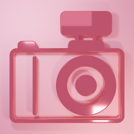 Pink Photo camera icon isolated on pink background. Foto camera. Digital photography. Minimalism concept. 3D render illustration.の写真素材