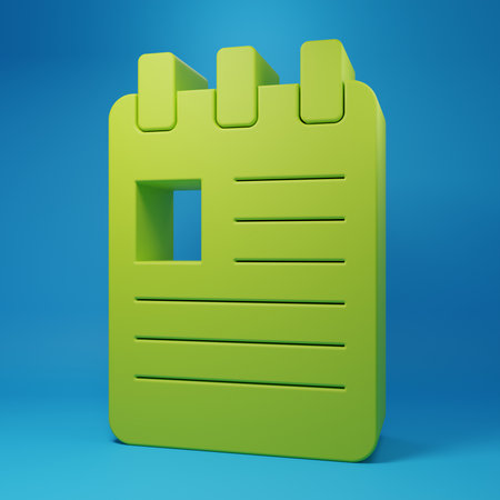 Green Notebook icon isolated on blue background. Spiral notepad icon. School notebook. Writing pad. Diary for school. Minimalism concept. 3D render illustration.の写真素材
