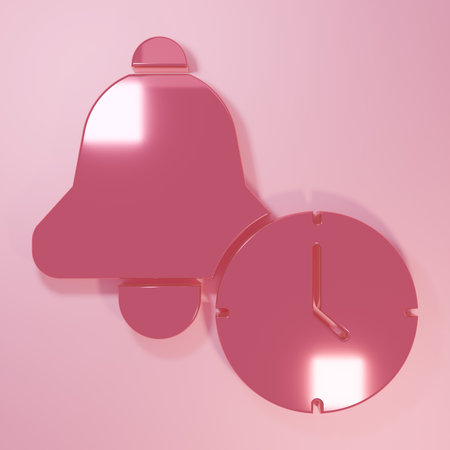 Pink Alarm clock icon isolated on pink background. Wake up, get up concept. Time sign. Minimalism concept. 3D render illustration.の写真素材