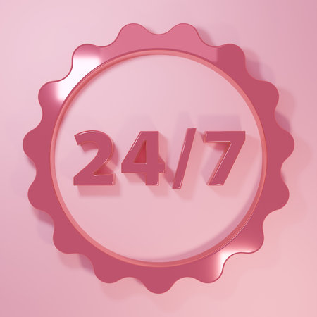 Pink Clock 24 hours icon isolated on pink background. All day cyclic icon. 24 hours service symbol. Minimalism concept. 3D render illustration.の写真素材