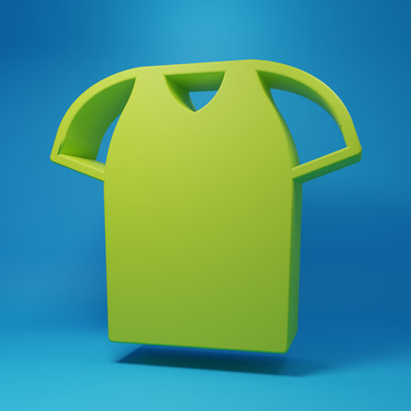 Green T-shirt icon isolated on blue background. Shirt. Minimalism concept. 3D render illustration.の写真素材