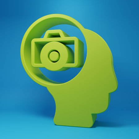 Green Photo camera icon isolated on blue background. Foto camera. Digital photography. Minimalism concept. 3D render illustration.の写真素材