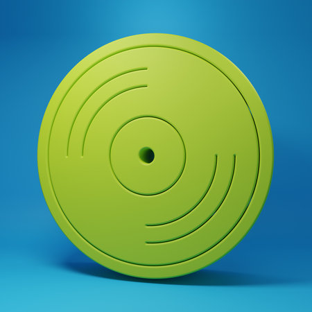 Green Vinyl disk icon isolated on blue background. Minimalism concept. 3D render illustration.の写真素材