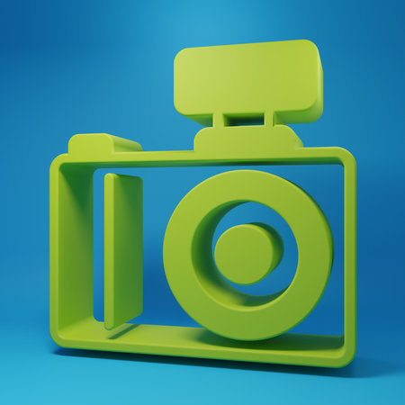 Green Photo camera icon isolated on blue background. Foto camera. Digital photography. Minimalism concept. 3D render illustration.の写真素材