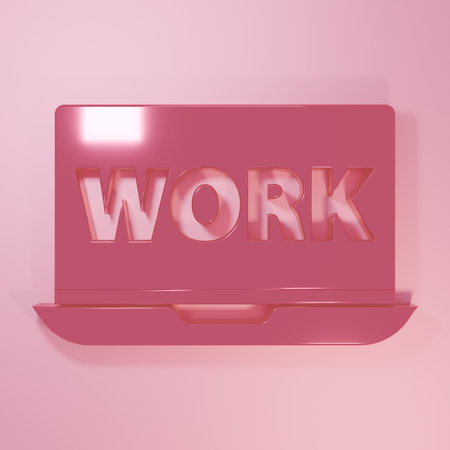 Pink Laptop with text work icon isolated on pink background. Minimalism concept. 3D render illustration.の写真素材