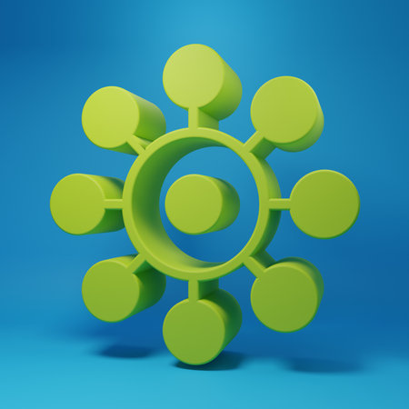 Green Molecule icon isolated on blue background. Structure of molecules in chemistry, science teachers innovative educational poster. Minimalism concept. 3D render illustration.の写真素材