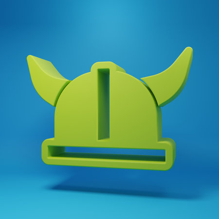 Green Viking in horned helmet icon isolated on blue background. Minimalism concept. 3D render illustration.の写真素材