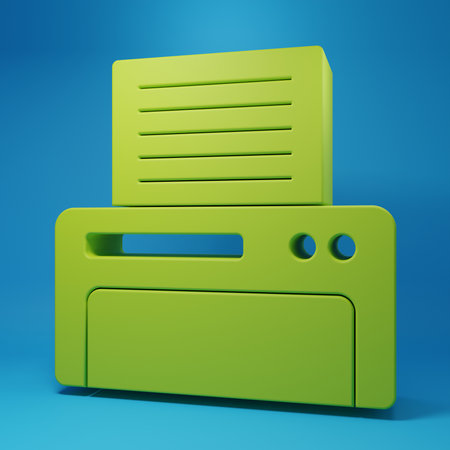Green Printer icon isolated on blue background. Minimalism concept. 3D render illustration.の写真素材