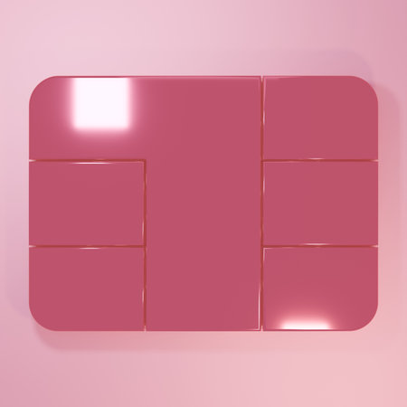 Pink Credit card with chip icon isolated on pink background. Contactless payment. Minimalism concept. 3D render illustration.の写真素材