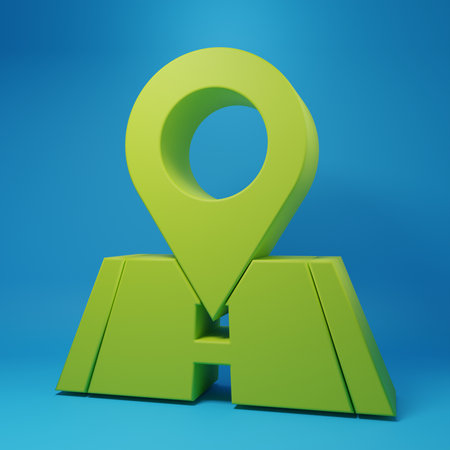 Green Map pin icon isolated on blue background. Navigation, pointer, location, map, gps, direction, place concept. Minimalism concept. 3D render illustration.の写真素材
