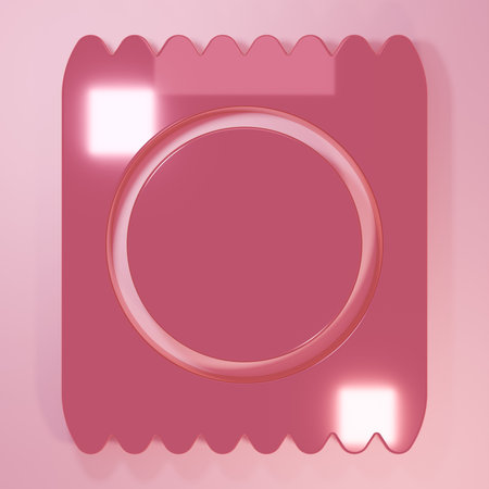 Pink Condom in package icon isolated on pink background. Safe love symbol. Contraceptive method for males. Minimalism concept. 3D render illustration.の写真素材