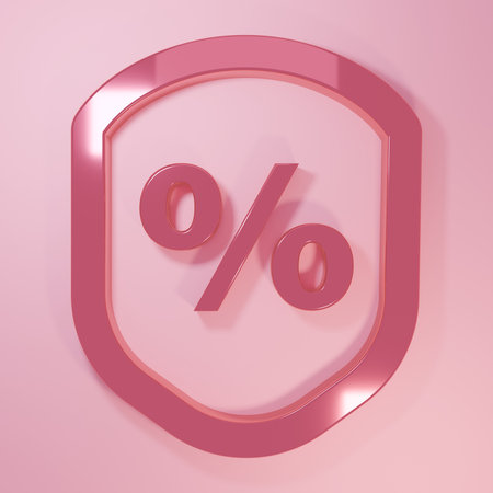 Pink Loan percent icon isolated on pink background. Protection shield sign. Credit percentage symbol. Minimalism concept. 3D render illustration.の写真素材
