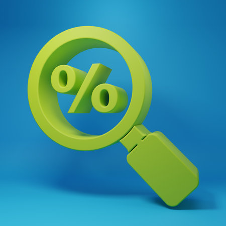 Green Magnifying glass with percent icon isolated on blue background. Discount offers searching. Search for discount sale sign. Minimalism concept. 3D render illustration.の写真素材