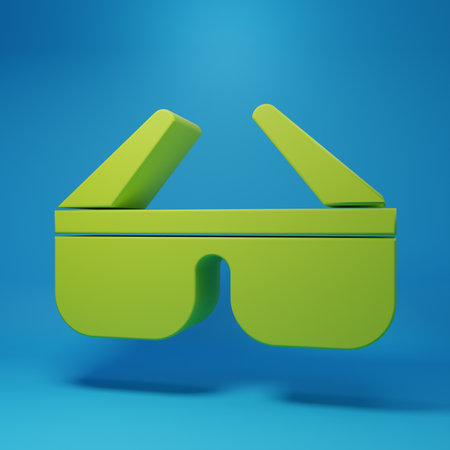 Green 3D cinema glasses icon isolated on blue background. Minimalism concept. 3D render illustration.の写真素材