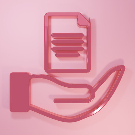 Pink Contract in hand icon isolated on pink background. Insurance concept. Security, safety, protection, protect concept. Minimalism concept. 3D render illustration.の写真素材
