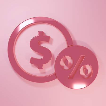 Pink Money coin with percent icon isolated on pink background. Cash Banking currency sign. Minimalism concept. 3D render illustration.の写真素材