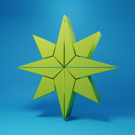 Green Wind rose icon isolated on blue background. Compass icon for travel. Navigation design. Minimalism concept. 3D render illustration.の写真素材