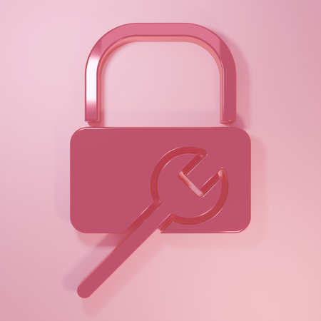 Pink Lock repair icon isolated on pink background. Padlock sign. Security, safety, protection, privacy concept. Minimalism concept. 3D render illustration.の写真素材