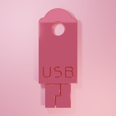 Pink USB flash drive icon isolated on pink background. Minimalism concept. 3D render illustration.の写真素材