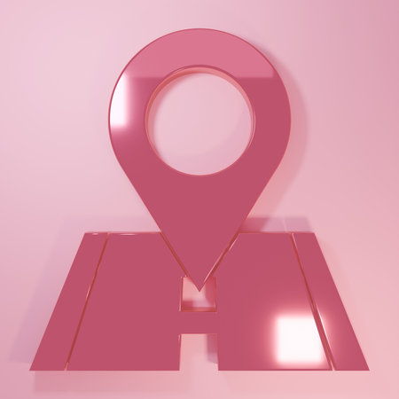 Pink Map pin icon isolated on pink background. Navigation, pointer, location, map, gps, direction, place concept. Minimalism concept. 3D render illustration.の写真素材