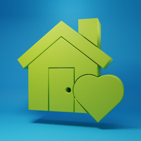 Green House with heart shape icon isolated on blue background. Love home symbol. Family, real estate and realty. Minimalism concept. 3D render illustration.の写真素材