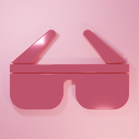 Pink 3D cinema glasses icon isolated on pink background. Minimalism concept. 3D render illustration.の写真素材