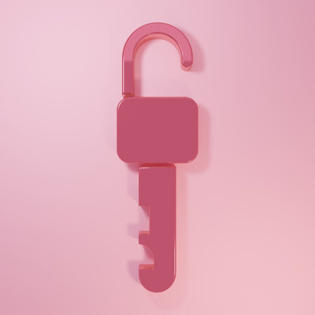 Pink Unlocked key icon isolated on pink background. Minimalism concept. 3D render illustration.の写真素材