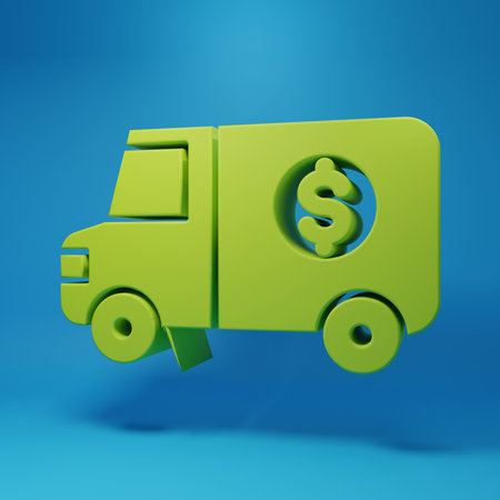Green Armored truck icon isolated on blue background. Minimalism concept. 3D render illustration.の写真素材
