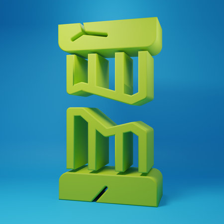 Green Broken ancient column icon isolated on blue background. Minimalism concept. 3D render illustration.の写真素材