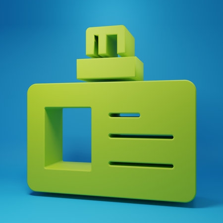 Green Identification badge icon isolated on blue background. It can be used for presentation, identity of the company, advertising. Minimalism concept. 3D render illustration.の写真素材